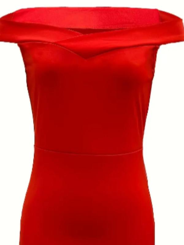 Women's Plain Ruffle Trim Split Thigh Wrap Bodycon Dress, Elegant Comfort Off Shoulder Midi Dress for Party Dating Formal Wear, Back To School Dresses for Women, Birthday Dresses 2024, Summer Outfits, Lady Clothes, Womenswear  for Christmas