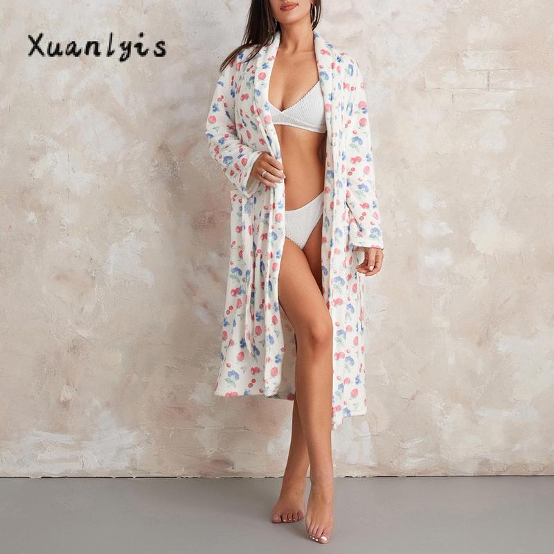 Women Dressing Gown Flannel Robe Floral Print Shawl Collar Bathrobe for Hotel Spa Party Kimono Robe with Belt Long Sleeve Sleeve Womenswear Check