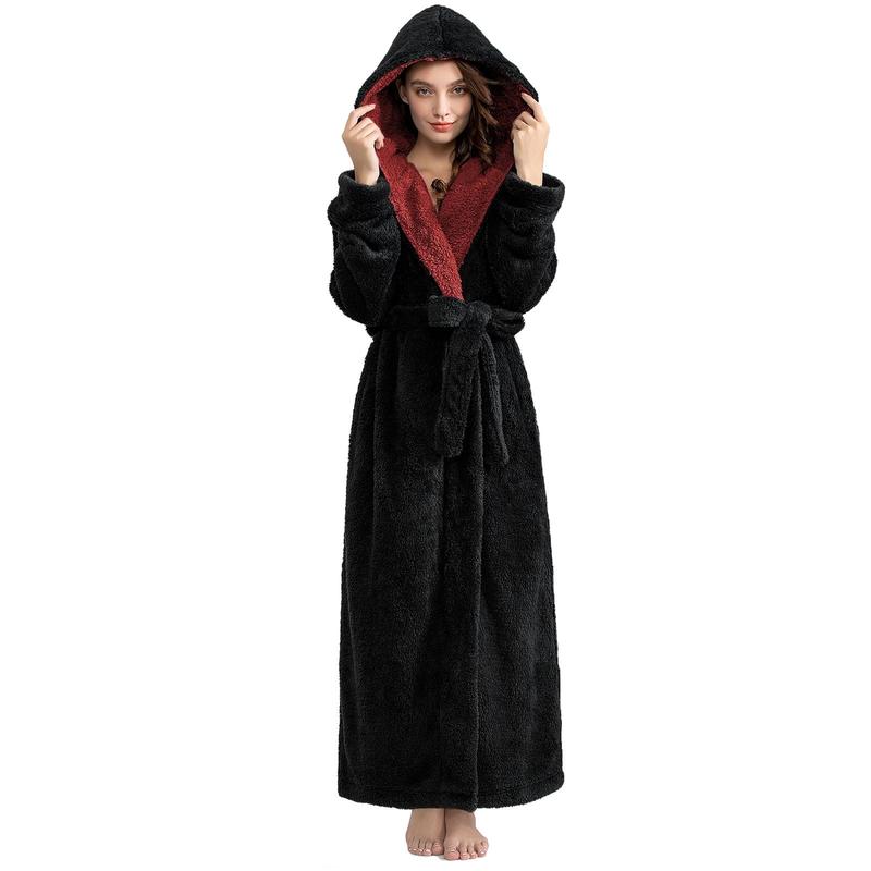 Long Hooded Robes for Women Luxurious Plush Bathrobes with Pockets & Waist Belt Full Length Bathrobe Winter Warm Sleepwear - L & Navy