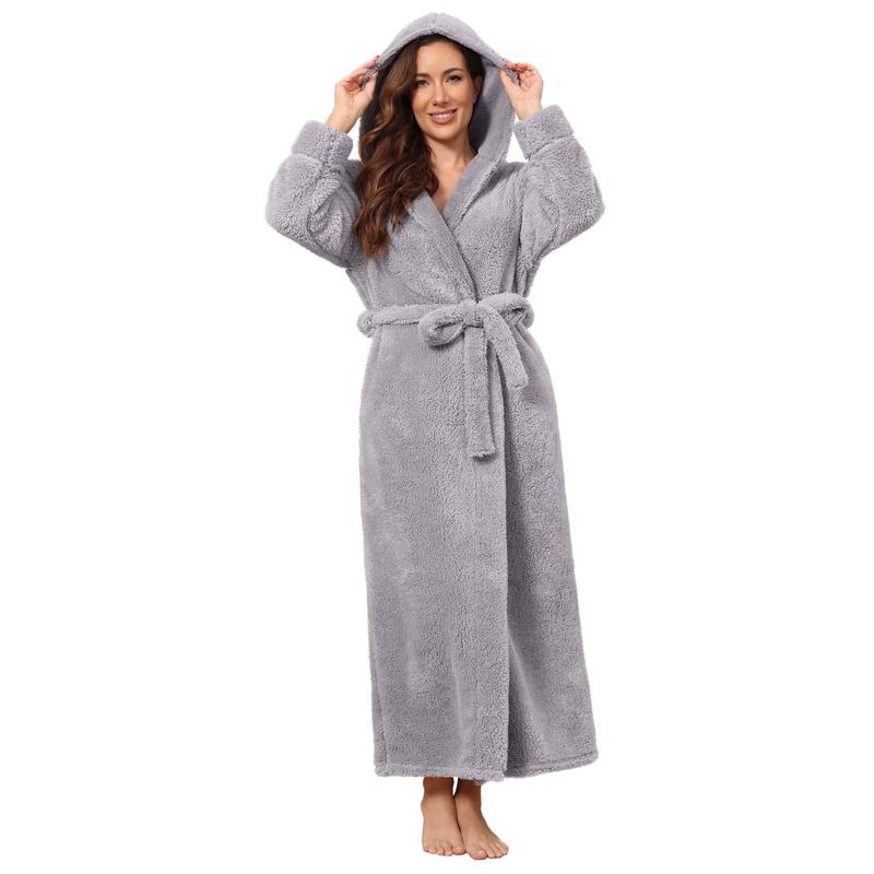 Long Hooded Robes for Women Luxurious Plush Bathrobes with Pockets & Waist Belt Full Length Bathrobe Winter Warm Sleepwear - L & Navy