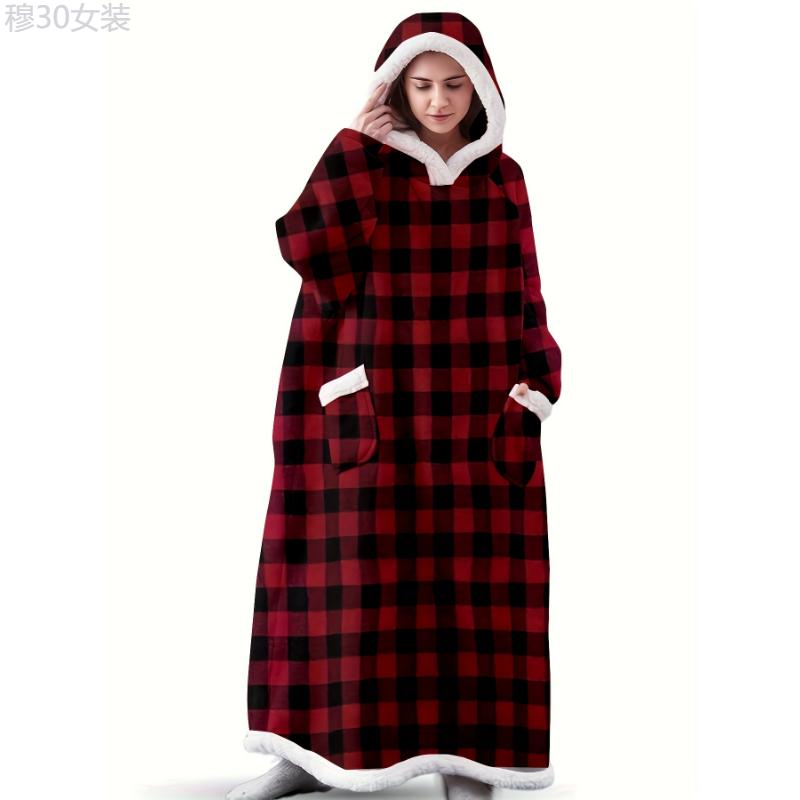 Plus Size Cozy Winter Wearable Fleece Blanket Robe - Soft Flannel Long Sleeve Hooded Design with Pockets for Relaxation - Perfect for Cold Weather Lounging and Outdoor Activities Womenswear Collar Dress Loungewear Dress Loungewear Gowns Polyester