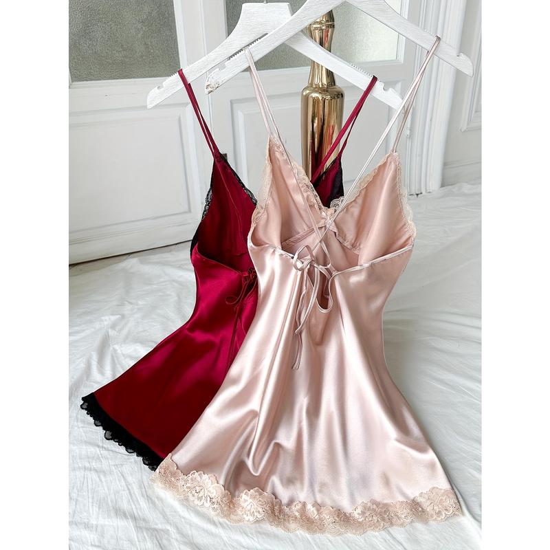 Two Solid Satin Lace Trim Nightgown, Sexy V-neck Cross Straps Backless Split Hem Nightgown, Women's Sleepwear