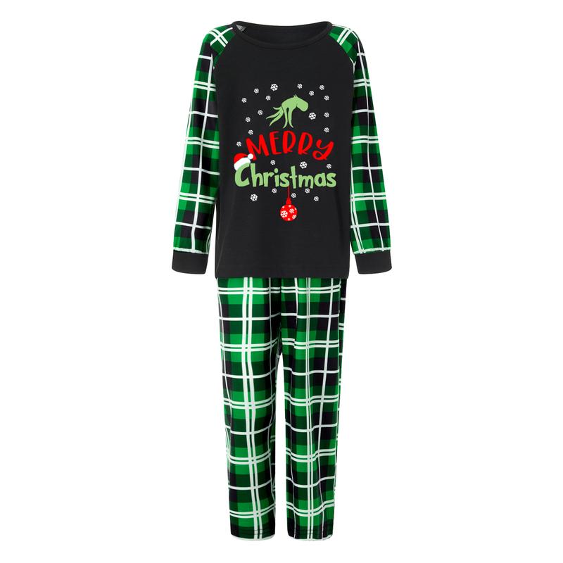 Family Christmas Pajamas Matching Sets PJ's Snowflake Cartoon Print Tops Green Plaid Pants Sleepwear Loungewear Nightwear Homewear