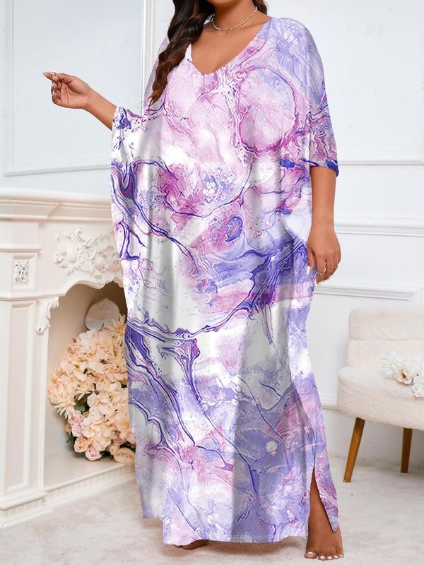  Marble Print V Neck Lounge Dress, Casual Long Dress for Spring & Fall, Women's Sleepwear for Indoor Wear