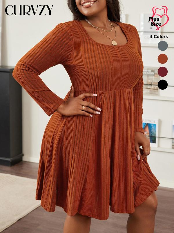 Black Friday Deals CURVZY Plus Size Autumn Aesthetic Solid Ribbed Scoop Neck A Line Dress, Casual Long Sleeve Dress for Spring & Fall, Women's Clothes for Daily Wear, Christmas 2024 Trend,Thanksgiving Clothing,Fall Clothing,Winter Clothing