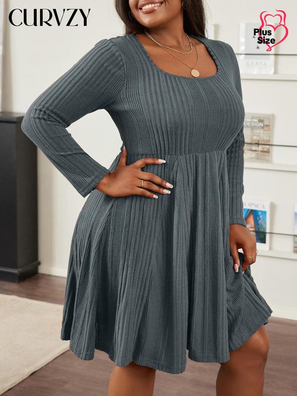 Black Friday Deals CURVZY Plus Size Autumn Aesthetic Solid Ribbed Scoop Neck A Line Dress, Casual Long Sleeve Dress for Spring & Fall, Women's Clothes for Daily Wear, Christmas 2024 Trend,Thanksgiving Clothing,Fall Clothing,Winter Clothing