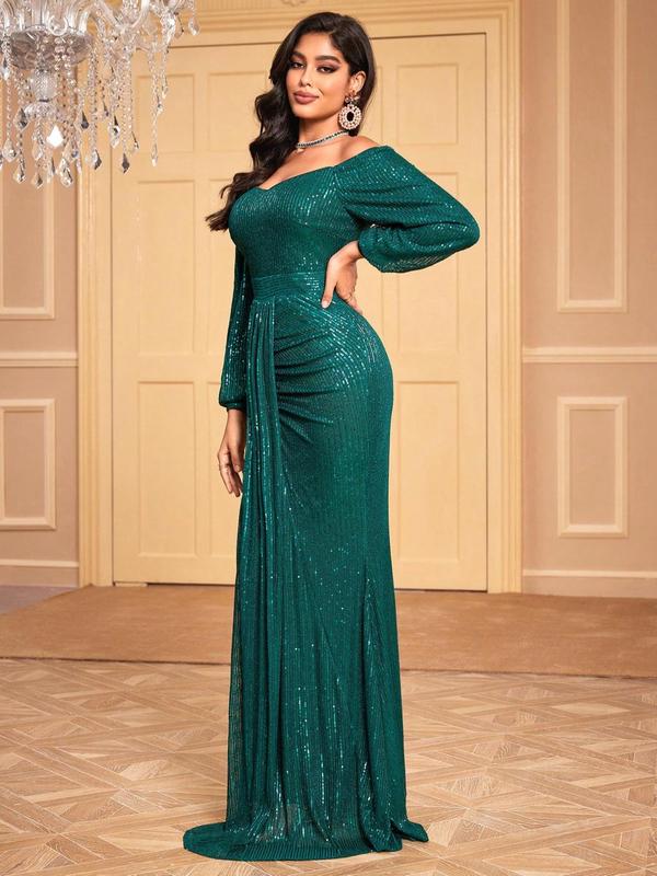 Women's Off The Shoulder Contrast Sequin Mermaid Party Dress, Elegant Ruched Bishop Sleeve Zipper Back Evening Party Gown, Ladies Clothes for All Seasons