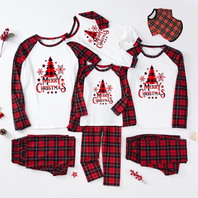 Christmas Pajamas for Family Matching Long Sleeve Snowflake Tree Print Tops Plaid Pants Set Holiday Xmas Jammies Sleepwear