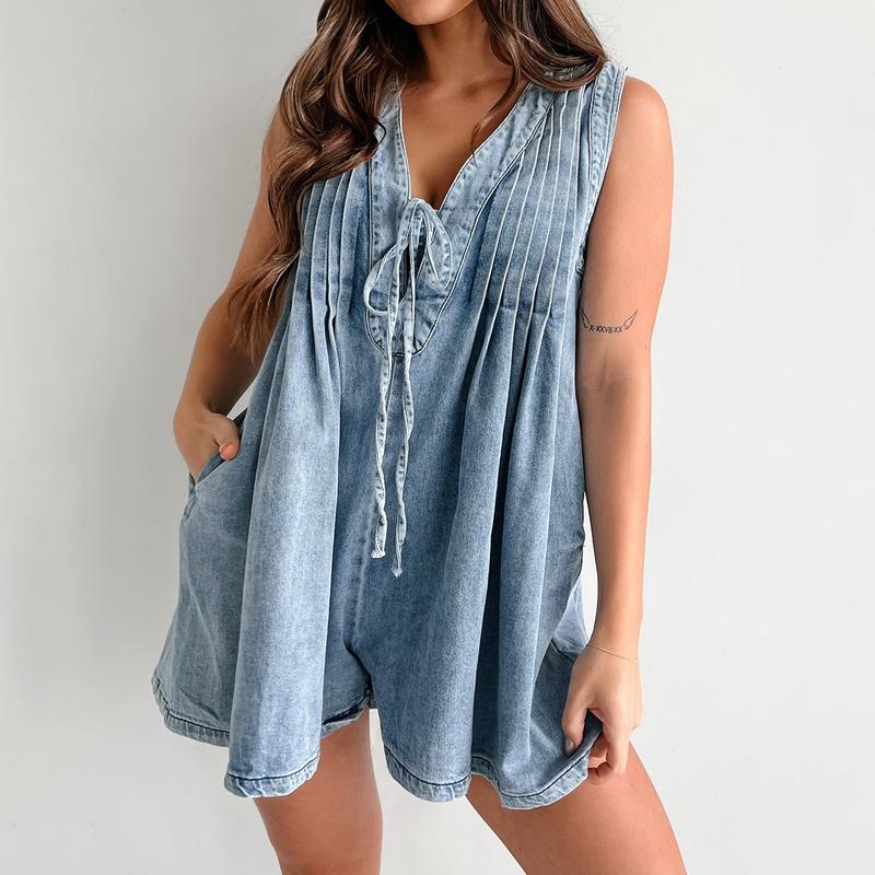 Women's Summer Y2K Demin Tank Jumpsuit Loose Pleated Front Tied V Neck Sleeveless Wide Leg Shorts Romper with Pockets