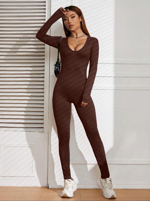 Women's Solid Long Sleeve Scoop Neck Jumpsuit, Casual Comfy Bodycon Jumpsuit for Spring & Fall, Ladies Clothes for Daily Wear