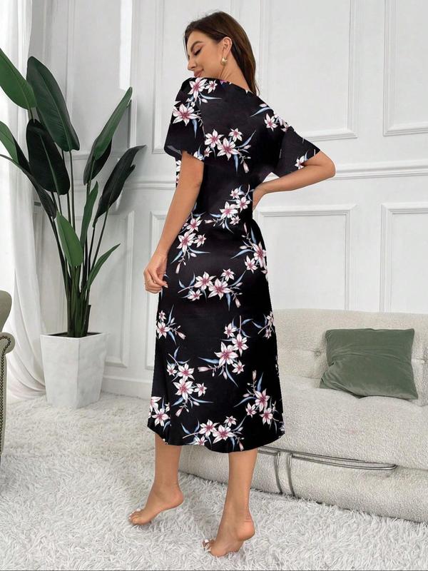 Women's Floral Print Drop Shoulder Nightdress, Casual Soft Comfortable Short Sleeve Round Neck Nightgown for Daily Home Wear, Ladies Sleepwear for All Seasons