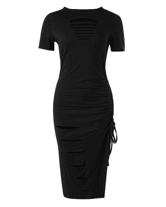 ChicMe Ladder Cut Out Hollow Out Ruched Slit Bodycon Dress for Women Side Slit Drawstring Club Party Short Sleeve Midi Dresses Comfort Fabric