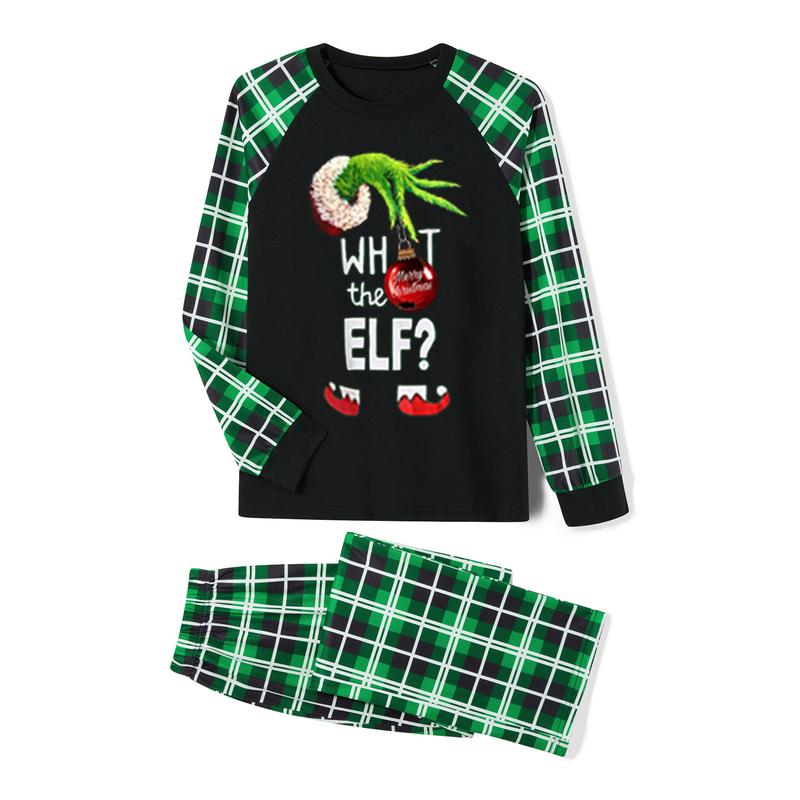 Green Black Christmas Pajamas for Family Long Sleeve Elf Graphic Tops + Plaid Trousers Set Holiday Sleepwear