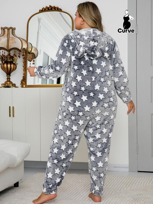  All Over Stars Print Zipper Hooded Onesie, Casual Long Sleeve Coral Fleece Jumpsuit for Fall & Winter, Women's Sleepwear for Indoor Wear