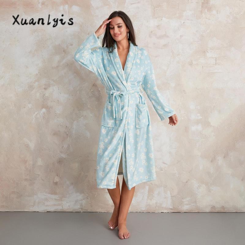 Women Dressing Gown Flannel Robe Floral Print Shawl Collar Bathrobe for Hotel Spa Party Kimono Robe with Belt Long Sleeve Sleeve Womenswear Check