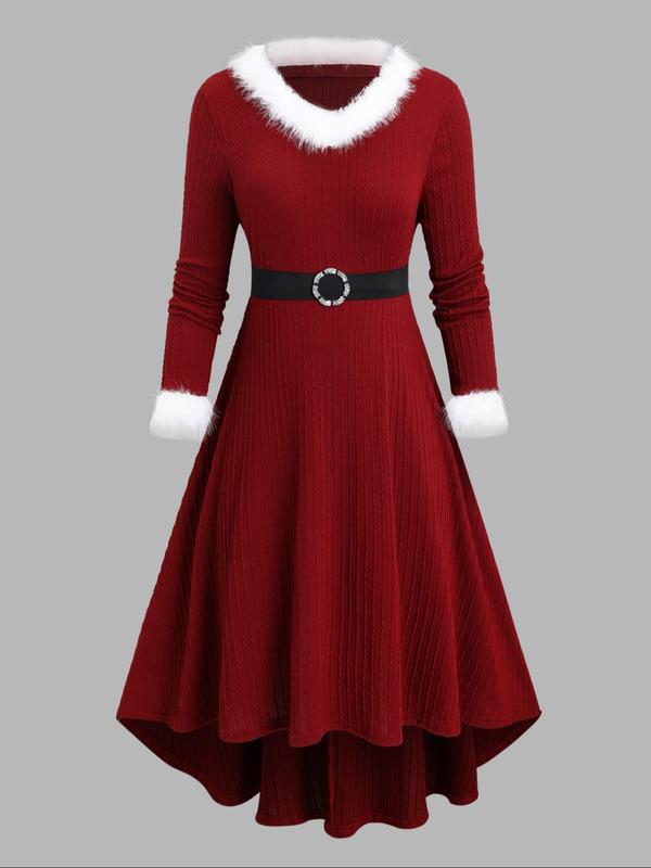  Contrast Faux Fur Trim Belted A Line Dress, Elegant Long Sleeve High Low Hem Dress for Party Holiday Wedding Guest, Women's Clothes for Fall & Winter