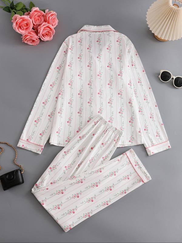 Two-Piece Set Women's Floral Print Lapel Neck Button Front Shirt & Pants Pyjama, Casual Comfy Long Sleeve Pocket Top & Trousers PJ Set, Women's Sleepwear for Spring & Fall