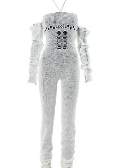 Knitted Hang-neck Hollow-out Jumpsuit Fabric Fitted