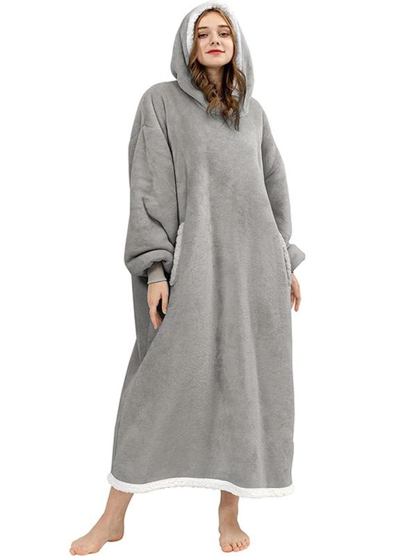 Women's Solid Drop Shoulder Reflective  Hooded Fleece Bathrobe, Casual Long Sleeve Pocket Design Bathrobe, Soft Comfortable Warm Robe for Fall & Winter