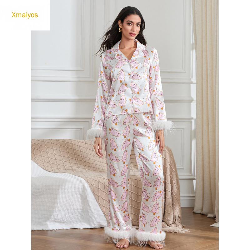 Women Christmas Pajamas Lounge Set Santa Christmas Tree Boots Print Shirts Tops and Pants 2 Piece Loungewear Outfits Long Sleeve Nightwear