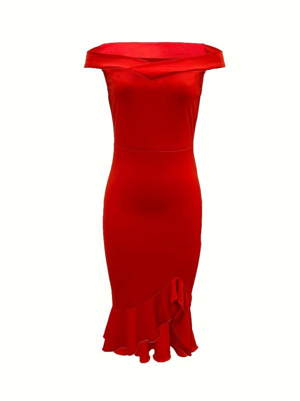 Women's Plain Ruffle Trim Split Thigh Wrap Bodycon Dress, Elegant Comfort Off Shoulder Midi Dress for Party Dating Formal Wear, Back To School Dresses for Women, Birthday Dresses 2024, Summer Outfits, Lady Clothes, Womenswear  for Christmas