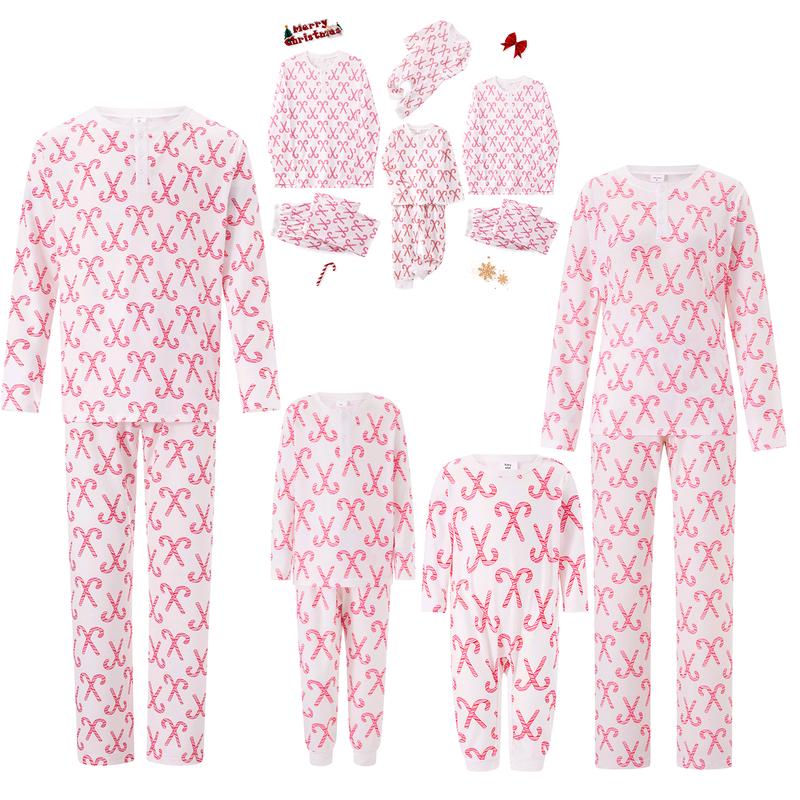 Pink Christmas Pajamas for Family Long Sleeve Candy Cane Print Tops + Pants Set Holiday Sleepwear