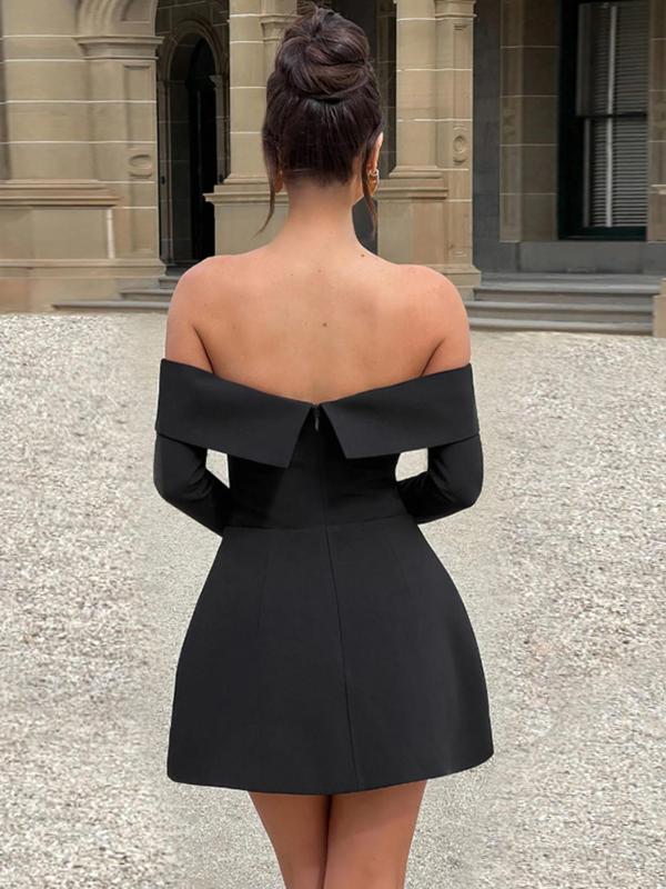 Women's Off Shoulder Split Sleeve A Line Dress, Casual Long Sleeve Short Dress for Spring & Fall, Women's Clothing for Daily Wear