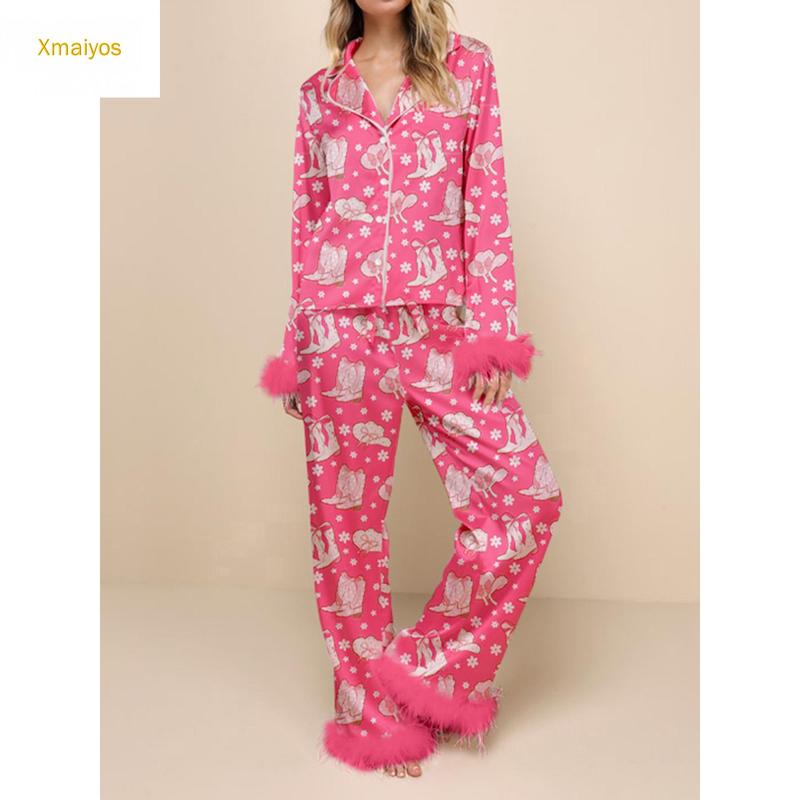 Women Christmas Pajamas Lounge Set Santa Christmas Tree Boots Print Shirts Tops and Pants 2 Piece Loungewear Outfits Long Sleeve Nightwear