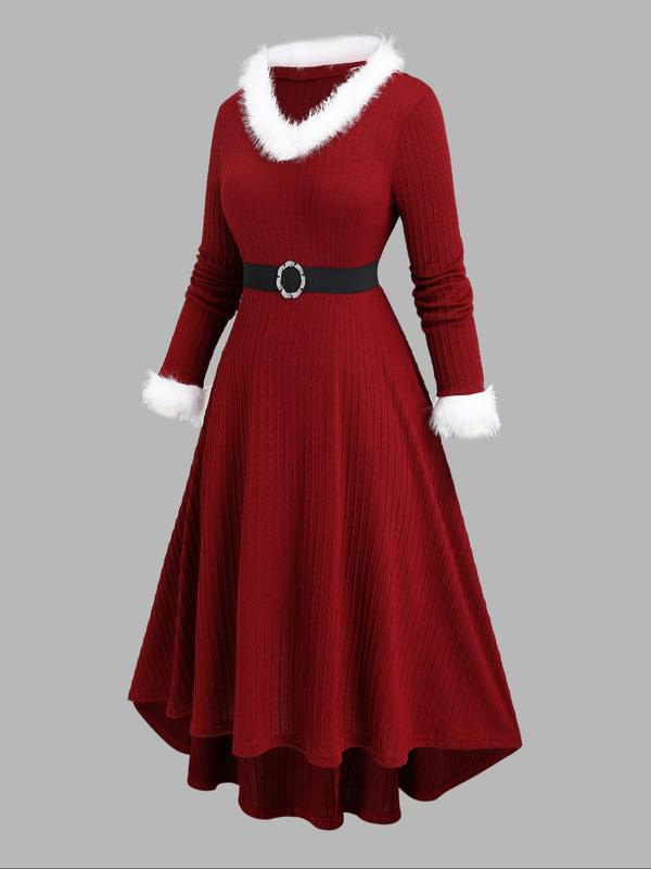  Contrast Faux Fur Trim Belted A Line Dress, Elegant Long Sleeve High Low Hem Dress for Party Holiday Wedding Guest, Women's Clothes for Fall & Winter