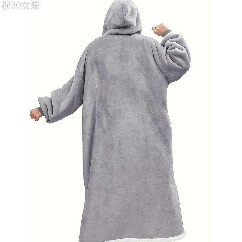 Plus Size Cozy Winter Wearable Fleece Blanket Robe - Soft Flannel Long Sleeve Hooded Design with Pockets for Relaxation - Perfect for Cold Weather Lounging and Outdoor Activities Womenswear Collar Dress Loungewear Dress Loungewear Gowns Polyester