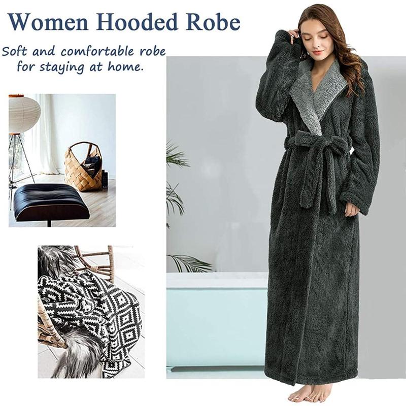 Long Hooded Robes for Women Luxurious Plush Bathrobes with Pockets & Waist Belt Full Length Bathrobe Winter Warm Sleepwear - L & Navy