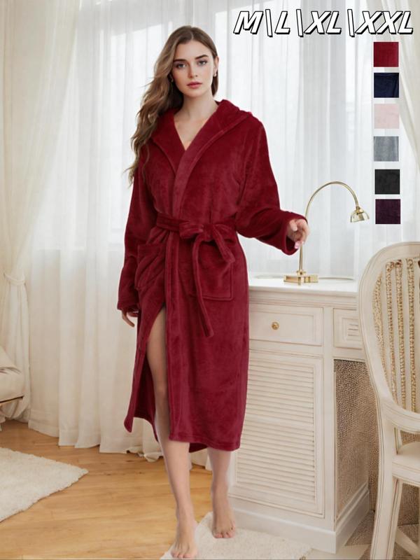 Womenswear Solid Belted Drop Shoulder Hooded Flannel Robe, Fall Wear, Fallfreshness Minimalist Casual Long Sleeve Pocket Wrap Robe for Women, Women's Sleepwear for Winter