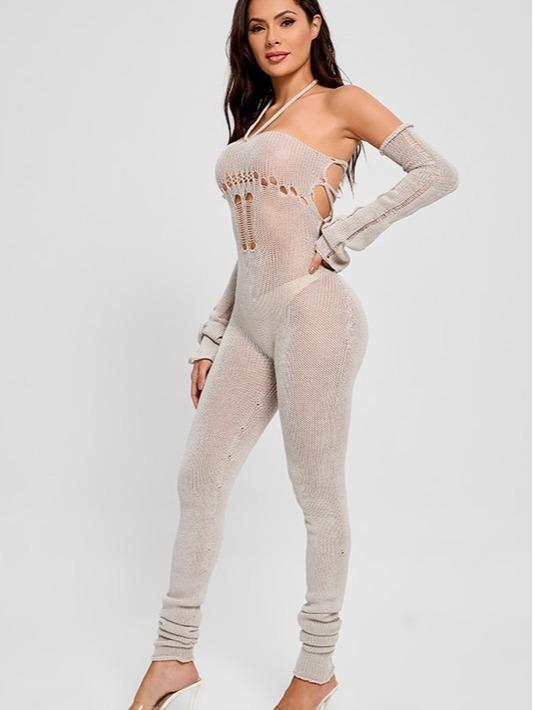 Knitted Hang-neck Hollow-out Jumpsuit Fabric Fitted