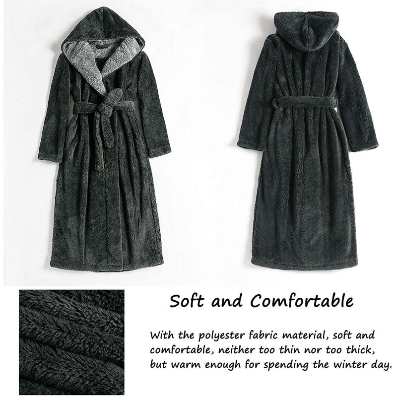 Long Hooded Robes for Women Luxurious Plush Bathrobes with Pockets & Waist Belt Full Length Bathrobe Winter Warm Sleepwear - L & Navy