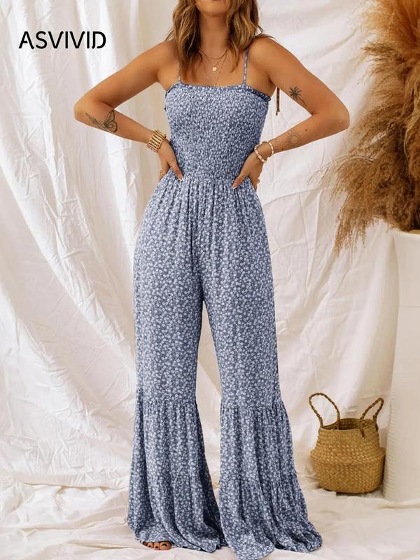 Women's Ditsy Floral Print Ruffle Hem Vintage Jumpsuit, Bohemian Shirred Tie Shoulder Wide Leg Jumpsuit, Summer Jumpsuits for Women, Boho Sleeveless Womenswear, Lady Clothes for Beach Holiday Back To School, Vacation Clothes