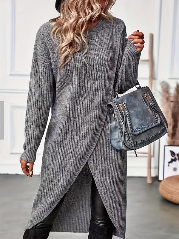 Women's Plain High Low Hem Wrap Tunic Sweater Dress, Casual Drop Shoulder Long Sleeve Dress for Fall & Winter, Women's Clothing for Daily Wear