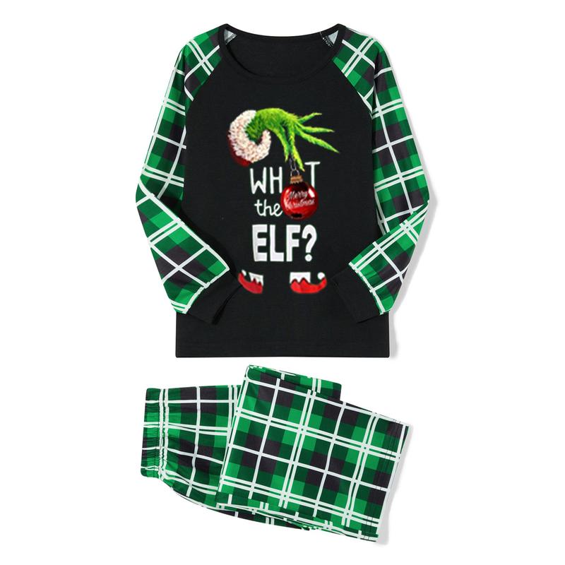 Green Black Christmas Pajamas for Family Long Sleeve Elf Graphic Tops + Plaid Trousers Set Holiday Sleepwear