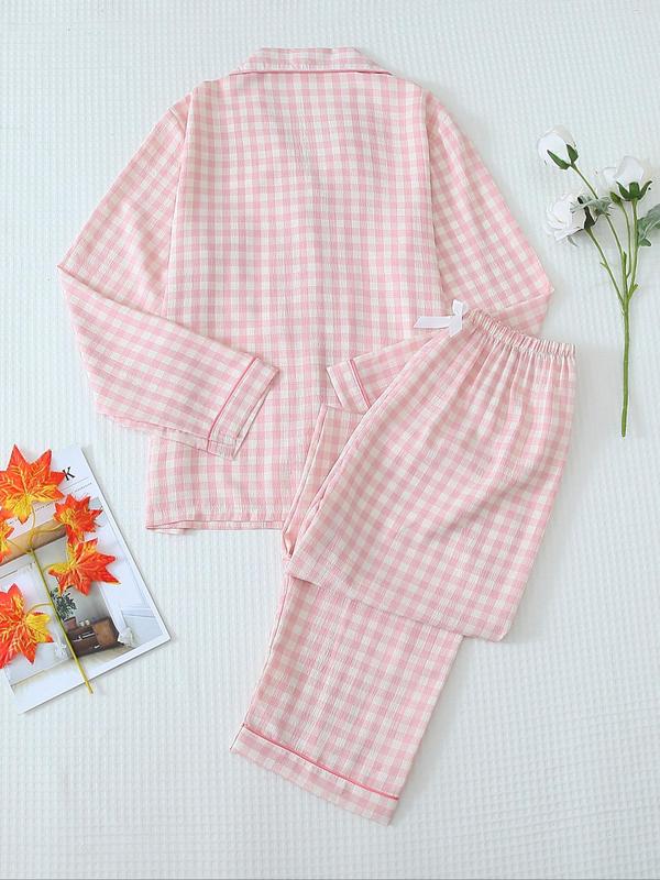 Two-Piece Set Women's Plaid Print Lapel Neck Pocket Shirt & Bow Decor Pants Pyjama, Long Sleeve Button Up Top & Trousers PJ Set, Women's Sleepwear for Spring & Fall