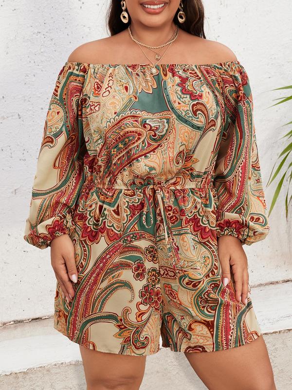 CURVZY Plus Size Fall Aesthetic Paisley Print Off Shoulder Drawstring Romper, Boho Elegant Bishop Sleeve Jumpsuit For Daily Holiday Vacation Wear, Women's Plus Clothing