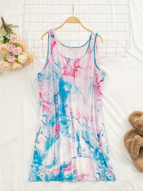  Tie Dye Print Round Neck Tank Nightdress, Casual Soft Comfortable Sleeveless Nightgown for Women, Women's Sleepwear for Summer