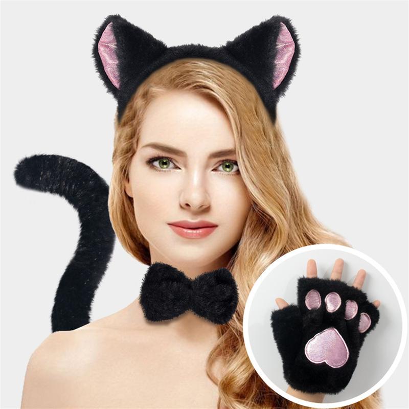 Cat Cosplay Costume Accessories Kitten Ears Tail Collar Paws Gloves for Women Girl Christmas Halloween Dress Up