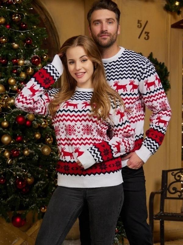 Couple's Christmas Themed Sweater, Cute Reindeer Pattern Long Sleeve Jumper, Casual Comfy Round Neck Pullover for Daily Wear, Couple Clothing for Fall & Winter