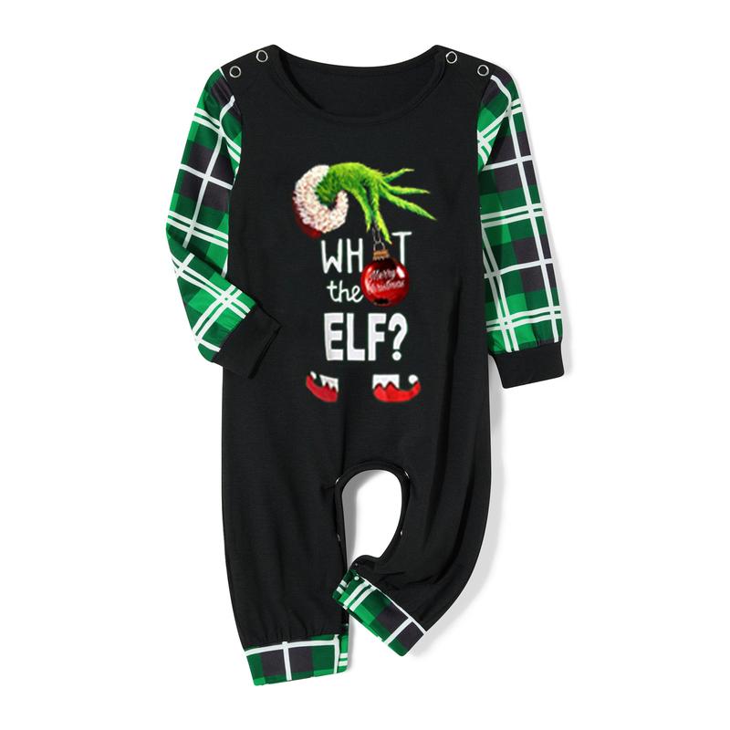 Green Black Christmas Pajamas for Family Long Sleeve Elf Graphic Tops + Plaid Trousers Set Holiday Sleepwear