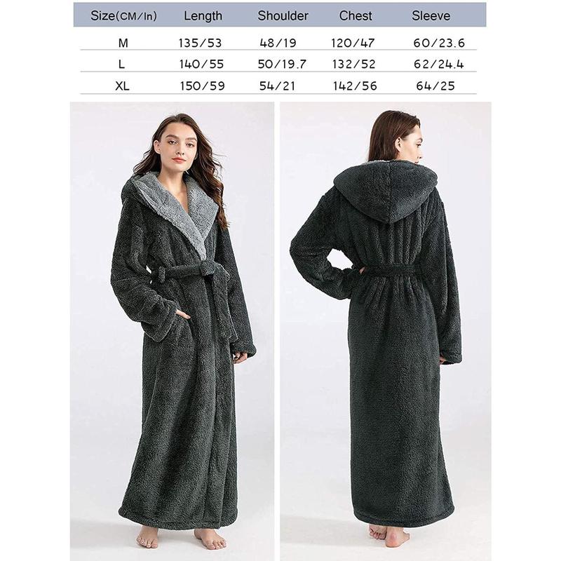 Long Hooded Robes for Women Luxurious Plush Bathrobes with Pockets & Waist Belt Full Length Bathrobe Winter Warm Sleepwear - L & Navy