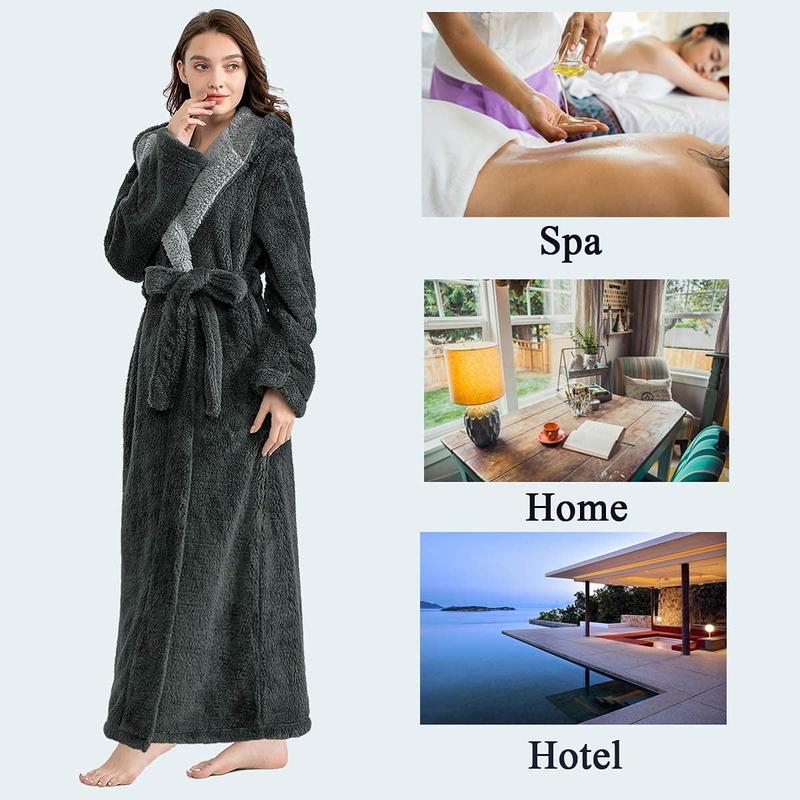 Long Hooded Robes for Women Luxurious Plush Bathrobes with Pockets & Waist Belt Full Length Bathrobe Winter Warm Sleepwear - L & Navy