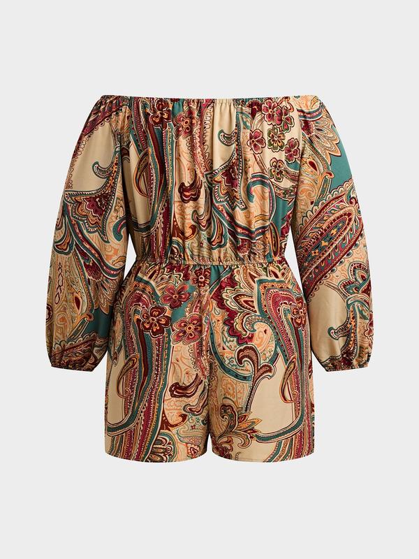 CURVZY Plus Size Fall Aesthetic Paisley Print Off Shoulder Drawstring Romper, Boho Elegant Bishop Sleeve Jumpsuit For Daily Holiday Vacation Wear, Women's Plus Clothing