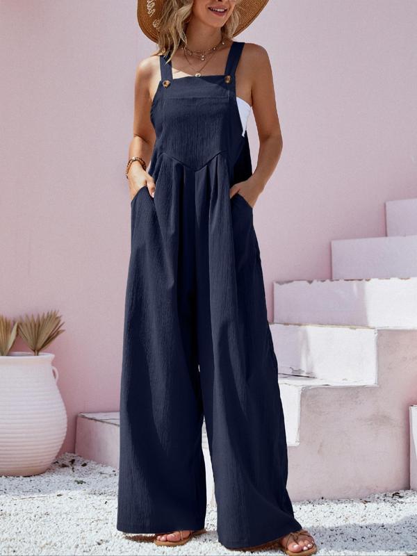 Women's Minimalist Plain Button Pocket Wide Leg Overalls Jumpsuit, Strappy Jumpsuit for Women, Plicated Comfort Basic Womenswear Square Neck Overalls for Beach Holiday, Summer Outfits 2024 for Work