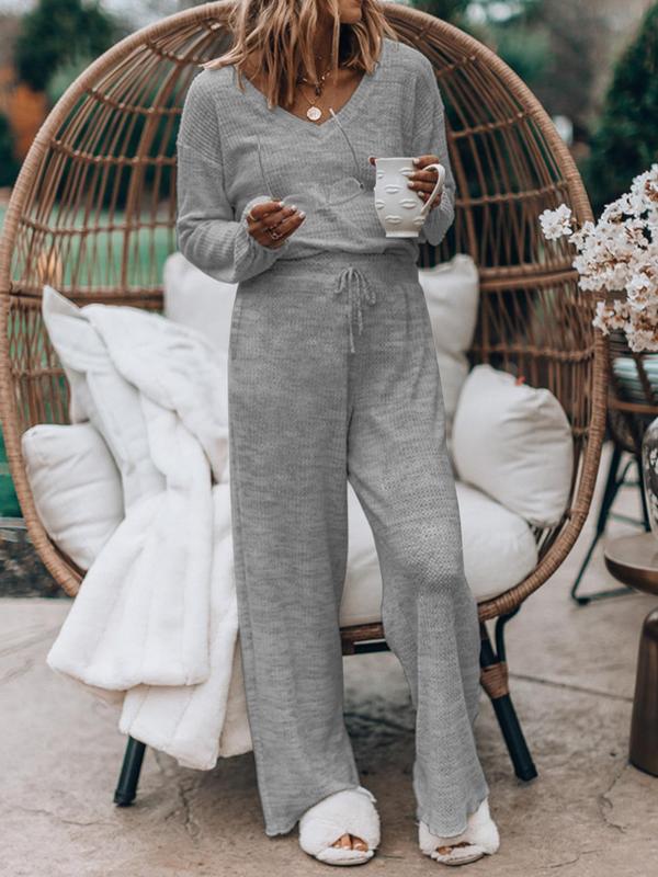 Women's Solid Waffle Knit Drop Shoulder Tee & Tie Front Pants Loungewear Two-piece Set, Comfy Round Neck Long Sleeve Top & Trousers PJ Set, Ladies Sleepwear for Spring & Fall, Pajama Sets Women