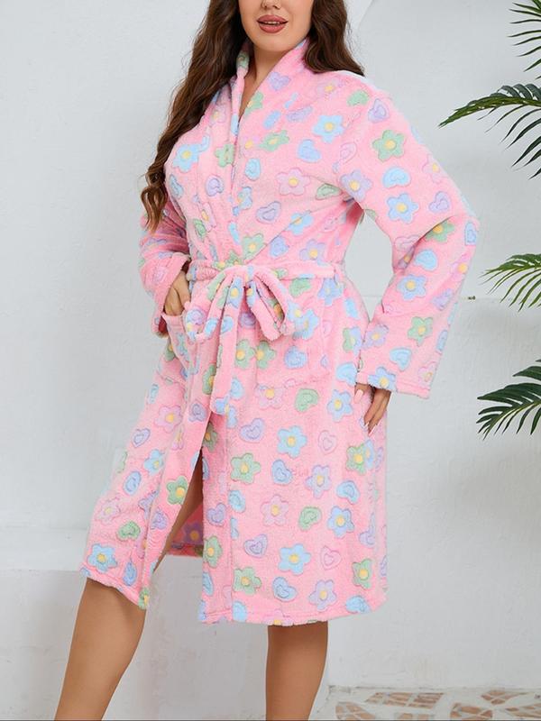  Floral Print Belted Pocket Robe, Casual Long Sleeve Dressing Gown, Women's Sleepwear for Fall & Winter