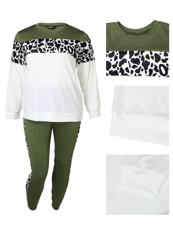  Two-Piece Set Colorblock Leopard Print Sweatshirt & Elastic Waist Tie Front Sweatpants Set, Casual Round Neck Long Sleeve Pullover & Pocket Jogger Pants, Women's Fall & Winter Clothes